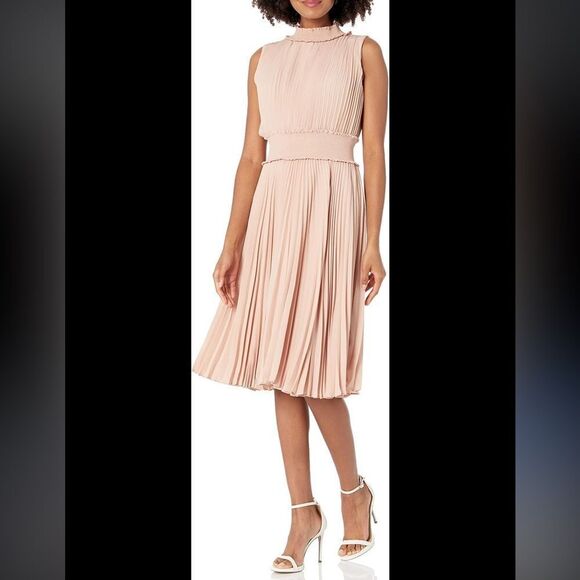 NANETTE LEPORE pink PLEATED SLEEVELESS DRESS high neck size 12 midi smocked - Picture 1 of 5